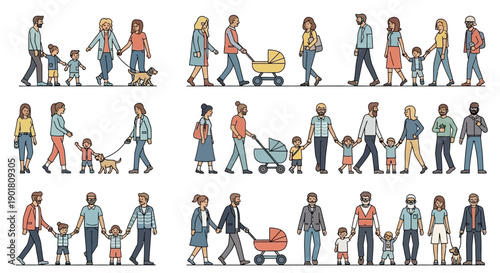 A collection of diverse families and individuals walking together, some with children and pets, in a stylized illustration.