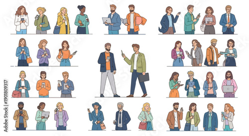 A diverse collection of people of various ages, genders, and ethnicities, engaged in everyday activities with their smartphones and other devices.