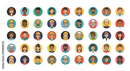 A diverse collection of cartoon avatars representing people of various ethnicities, ages, and genders in a grid layout.