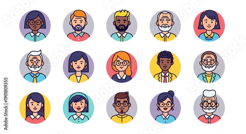 A collection of diverse cartoon avatars representing people of various ages, genders, and ethnicities, displayed in a grid.