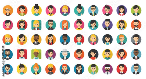A diverse collection of colorful circular avatars representing various people with different hairstyles and clothing.