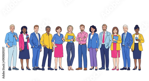 A diverse group of professional men and women standing together in a line, dressed in business attire.