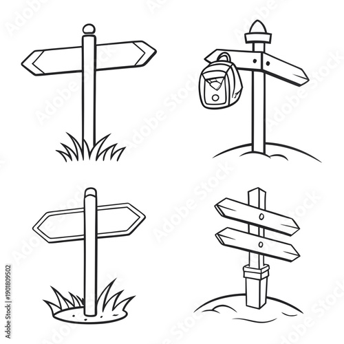 Tableau sur toile Four different types of signs and their respective posts in a simple line drawin
