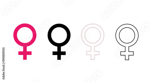 Four stylized representations of the female gender symbol in varying colors and opacities.