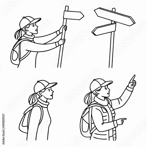 Valokuva Four hikers using different navigational tools and methods to find their way Vec