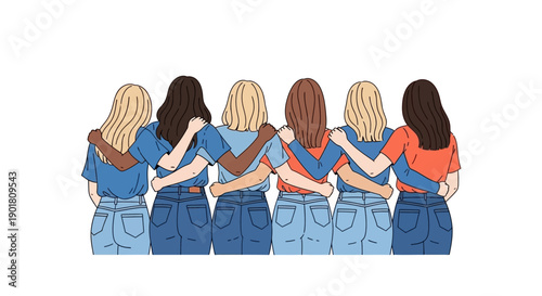 A diverse group of six women standing together with their arms around each other's shoulders, showcasing unity and friendship.