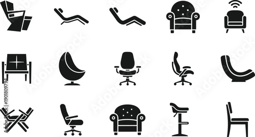 Collection of Modern Armchair and Seating Silhouettes Vector Illustration Isolated on White Background Detailed Black Furniture Icons for Interior Design and Home Decor