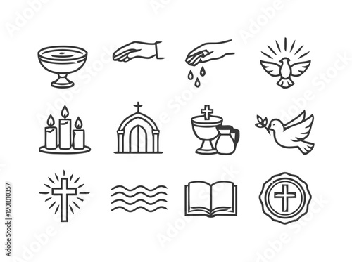 Religious icons and symbols depicting Christian sacraments and faith elements like baptism font, holy book, dove, cross, church, and candles in a clean line art style.