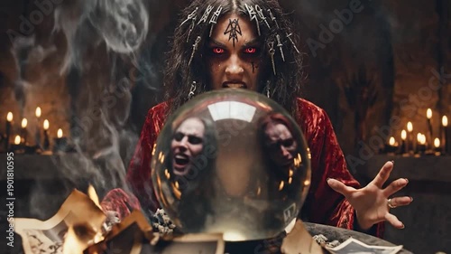 A sorceress in a mystical ritual conjures a vision with burning photos, smoky aura, and red eyes