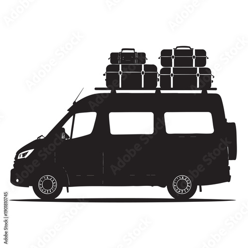 Silhouette of a van with multiple suitcases on the roof rack for travel or transportation concepts
