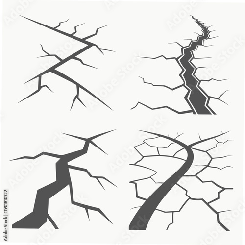 Four distinct illustrations of lightning bolts striking the ground in various shapes and forms Vector