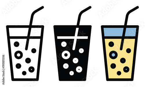 Three stylized glasses with straws and bubbles, one in color