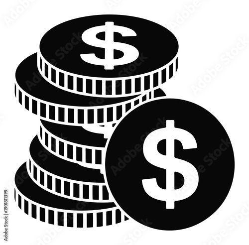 Stack of Black Coins with White Dollar Signs, Representing Wealth and Finance