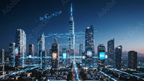 Futuristic Cityscape with Digital Network and Skyscrapers.