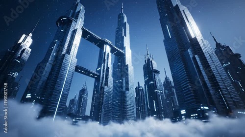Futuristic Cityscape with Skyscrapers and Clouds.