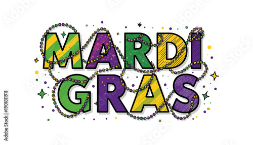 Fun and colorful mardi gras text design with beads and stars illustration