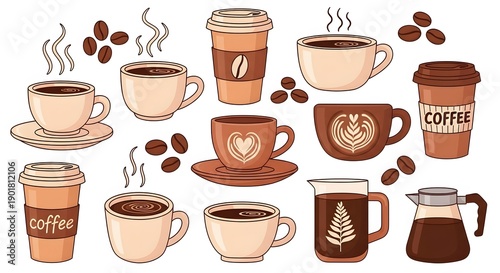 Wallpaper Mural Coffee Cup Vector Set with Latte Art, Takeaway Cups, Coffee Beans and Cafe Drinks, Flat Cartoon Illustration Isolated on White Background Torontodigital.ca