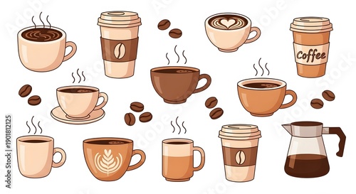 Wallpaper Mural Coffee Cup Vector Set with Latte Art, Takeaway Cups, Coffee Beans and Cafe Drinks, Flat Cartoon Illustration Isolated on White Background Torontodigital.ca
