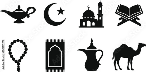  Collection of 8 Black Silhouette Islamic Icons for Ramadan 2026  Mosque, Crescent Moon, Magic Lamp, Quran, Prayer Beads, Rug, Dallah, and Camel Vector Set 2026 