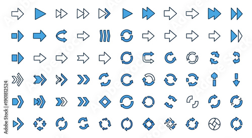 A comprehensive set of vector arrow icons in various styles and directions, including navigation, playback, and refresh symbols for digital interfaces.