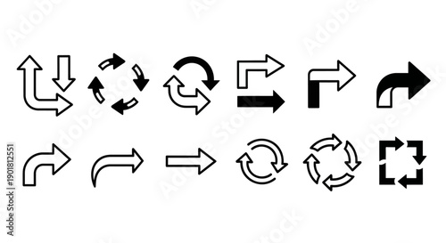 A collection of various arrow icons depicting different directions, turns, and rotation symbols in both outlined and filled styles.