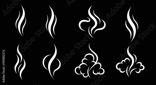 A collection of stylized white smoke or steam wisps against a black background, presented in a graphic illustration style.