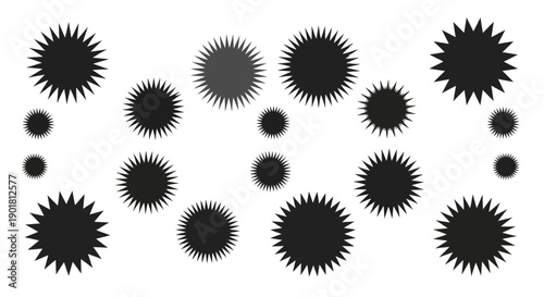 Abstract pattern of black spiky and blurred circular shapes on a white background, resembling microscopic organisms or stylized stars.
