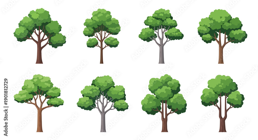 Fototapeta premium Eight cartoon-style green trees with varying shapes and trunk colors, isolated on a white background, representing diverse foliage.