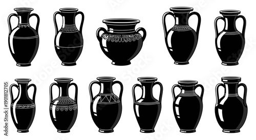 A collection of black silhouette ancient Greek and Roman vases and amphorae with handles and decorative patterns.