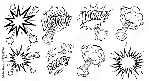 Black and white comic book style explosion and impact effects with sound words like BARPM, HARMP, and BOOP, featuring bursts and smoke.