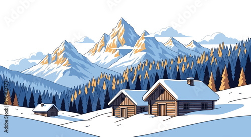 Winter mountain landscape with snow-covered peaks, dense pine forests, and cozy wooden cabins nestled in the snowy hills.