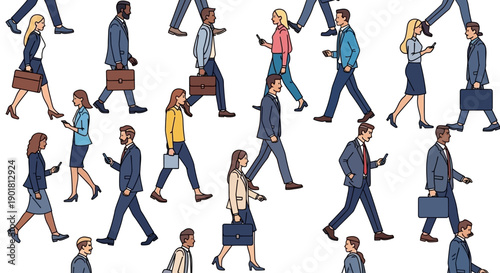 An illustration of a diverse crowd of business people walking, many engrossed in their smartphones, depicting modern urban life and digital distraction.