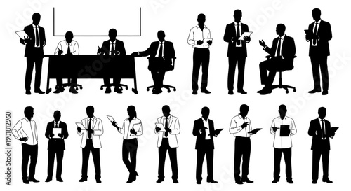Vector silhouettes of diverse business professionals in various poses, including standing, sitting, and interacting in a corporate environment.