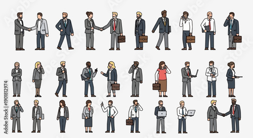 Pixel art collection of diverse business people in various poses and actions, including handshakes, phone calls, and laptop use.