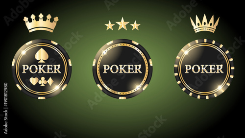 Elegant Poker Chips with Golden Accents Showcasing Classic Card Symbols on a Green Background