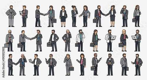 Pixel art collection of diverse business people in various poses and interactions, suitable for corporate and professional themes.