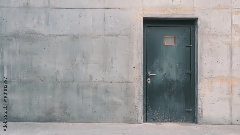 Fototapeta premium Minimalist Black Steel Door on a Textured Concrete Wall in an Urban Architectural Setting