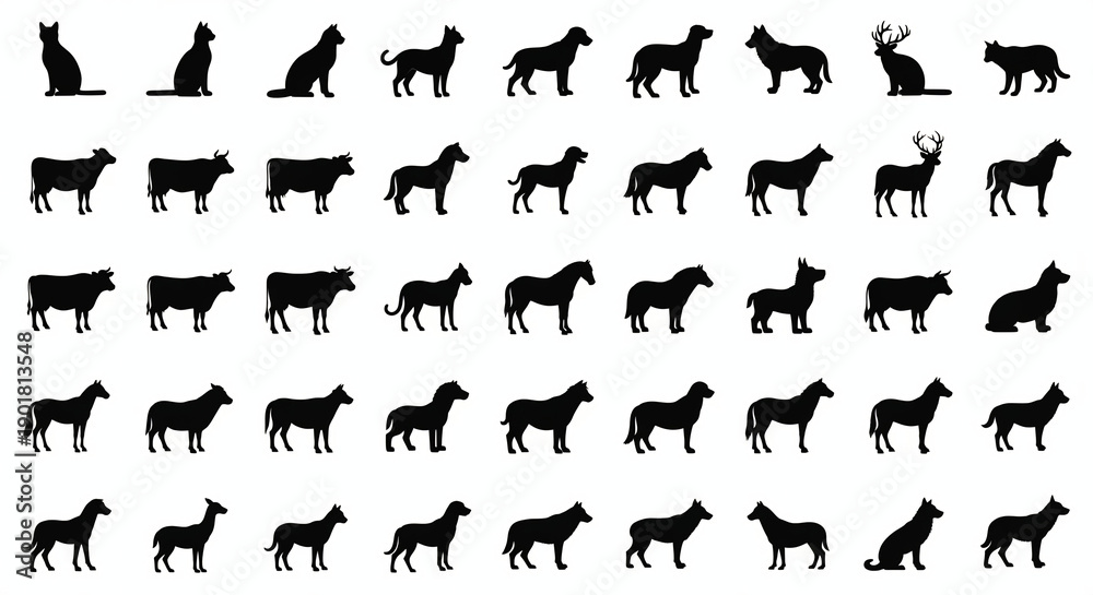 Fototapeta premium Collection of diverse animal silhouettes featuring domestic pets farm animals and wildlife perfect for logo design educational content or graphic elements