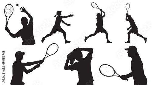 Vector Illustration Of Silhouette Tennis Players In Various Actions On Court For Sports And Fitness Concept