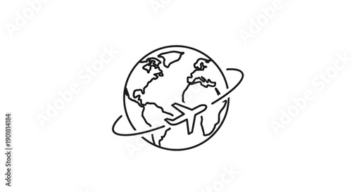 Simple Line Art Illustration of Earth with Ribbon Emblem Surrounding the Planet from a Distant Viewpoint