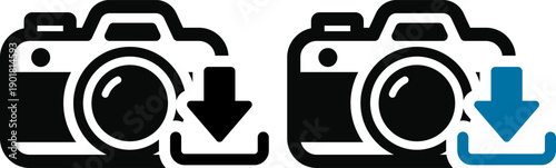 写真をダウンロードするカメラのアイコン｜画像保存・取得のシンボル Camera Download Icon – Save and Download Photo Symbol
