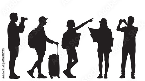 Vector Illustration Of Five Travelers In Different Actions With Suitcase And Map On White Background For Tourism And Travel Concepts