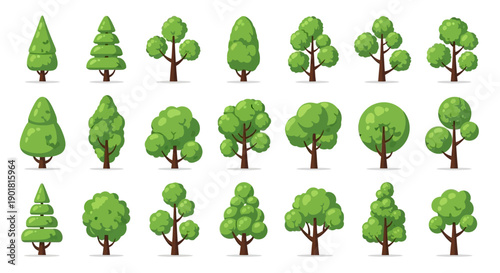 A collection of various cartoon-style green trees with different shapes and sizes, presented on a white background.