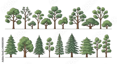 A collection of diverse deciduous and coniferous trees, showcasing various shapes and sizes in a clean, illustrative style.