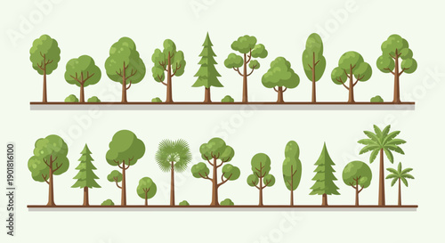 A collection of diverse cartoon-style trees and plants arranged in two horizontal rows against a light green background.