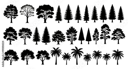 A collection of diverse tree silhouettes, showcasing various species and shapes, arranged in rows against a white background.