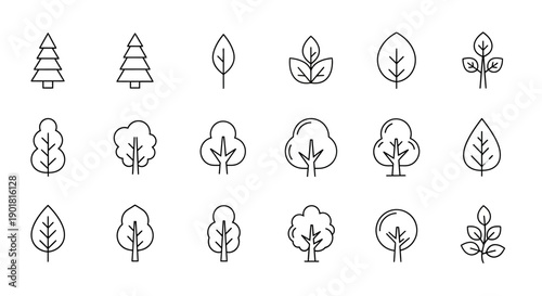 A collection of simple, stylized line art icons representing various types of trees and leaves.