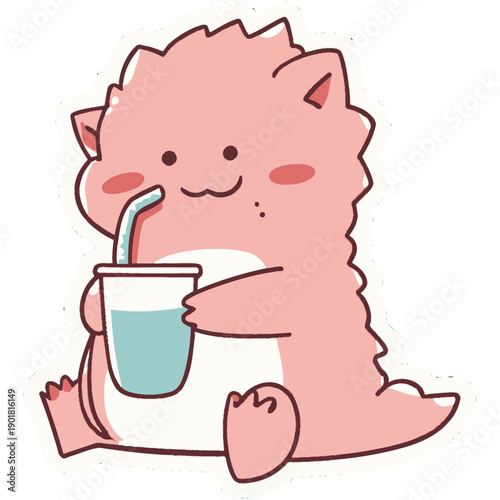 chubby axolotl | drinking bubble tea | cheerful pastel colors | kawaii sticker style | bold outline | cute aquatic character | playful bubble tea aesthetic | soft gradient accents | whimsical adorable