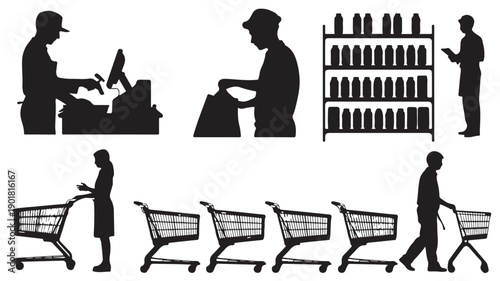 Vector Illustration Of Silhouette Shoppers And Grocery Store Workers For Retail And Shopping Concept