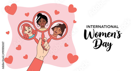 Illustration celebrating International Women's Day with diverse women reflected in mirrors, surrounded by hearts.